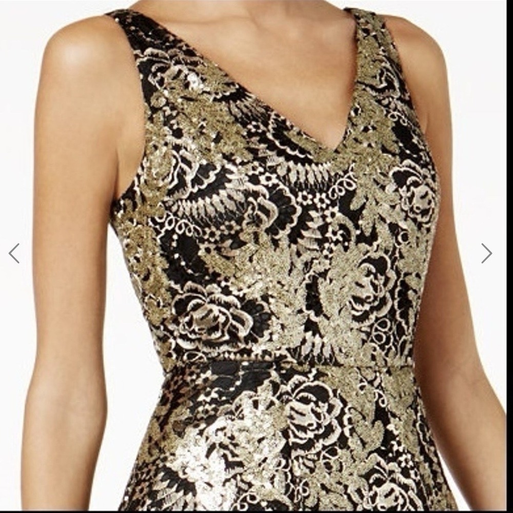 Calvin Klein Black Gold Sequin Hi Low Formal Sleeveless Evening Gown Pockets 6 - Picture 2 of 14